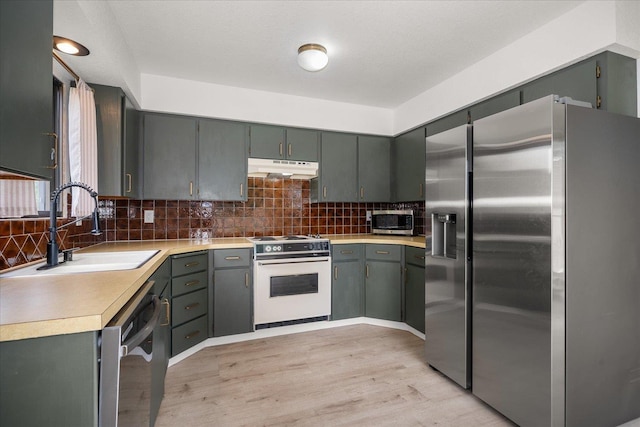20716 E Gilbert Rd, Otis Orchards, WA 99027 - kitchen with appliances with stainless steel finishes, a sink, under cabinet range hood, light wood finished floors, and backsplash