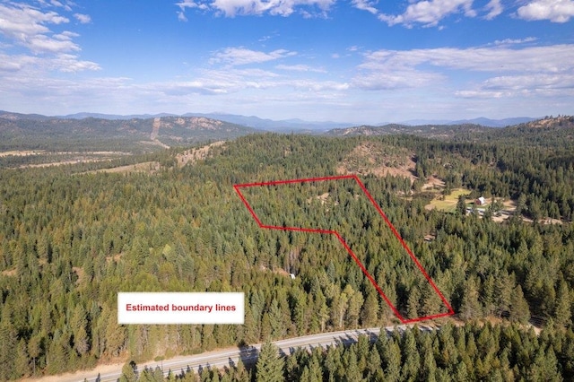 300 Duck Ln, Newport, WA 99156 - aerial view of property's location featuring a forest, a mountain backdrop, and property boundaries highlighted