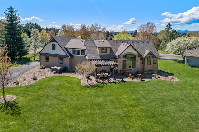 1467 E Lacey Ave, Hayden, ID 83835 - rear view of house with roof with shingles, a patio, a yard, and a pergola