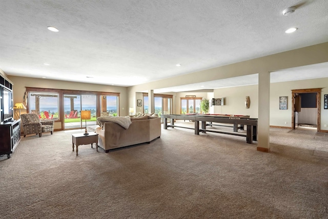 16510 N Brannon Ln, Spokane, WA 99208 - living room featuring carpet floors, recessed lighting, a textured ceiling, billiards table, and baseboards