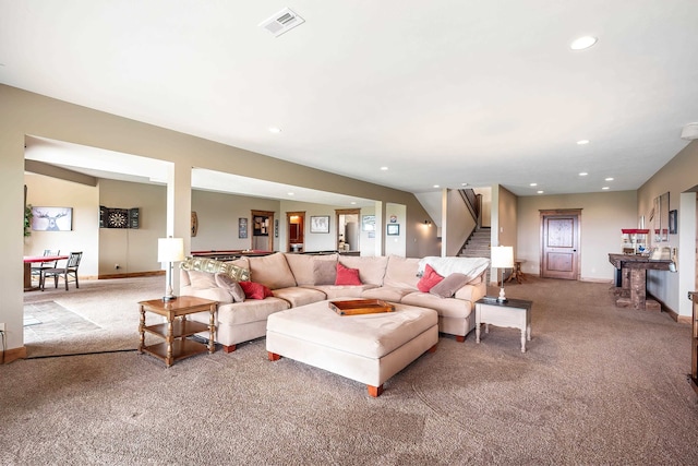 16510 N Brannon Ln, Spokane, WA 99208 - living room with carpet flooring, stairway, baseboards, and recessed lighting