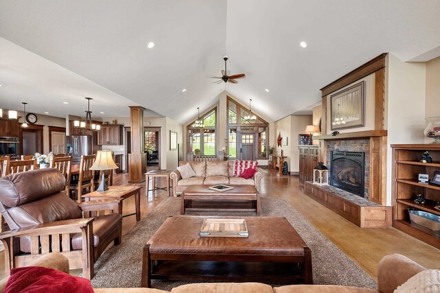 16510 N Brannon Ln, Spokane, WA 99208 - living room with a ceiling fan, a fireplace with raised hearth, recessed lighting, and lofted ceiling