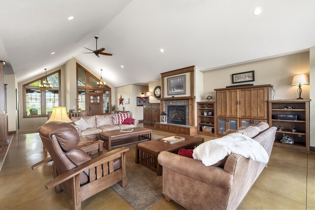 16510 N Brannon Ln, Spokane, WA 99208 - living area with a fireplace with raised hearth, ceiling fan, high vaulted ceiling, concrete flooring, and recessed lighting