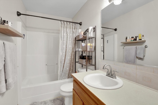 18920 E Augusta Ln, Spokane Valley, WA 99016 - full bathroom featuring shower / tub combo, toilet, vanity, and tasteful backsplash