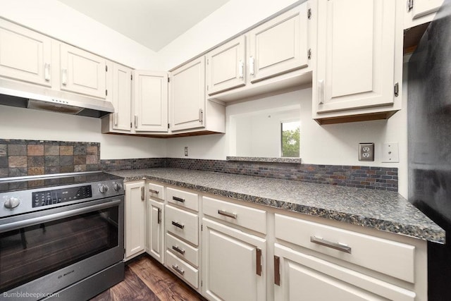 707 W 6th Ave Unit 41, Spokane, WA 99204 - kitchen with stainless steel electric range oven, under cabinet range hood, dark countertops, and decorative backsplash