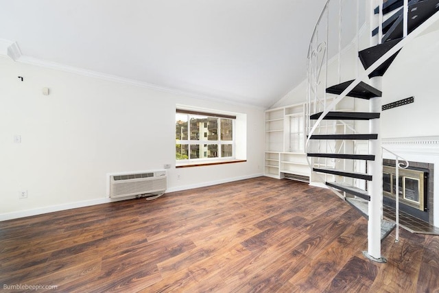 707 W 6th Ave Unit 41, Spokane, WA 99204 - unfurnished living room featuring baseboards, wood finished floors, vaulted ceiling, ornamental molding, and stairs