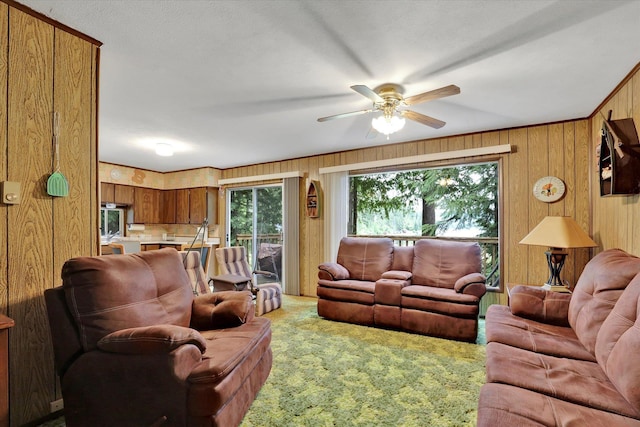 3970 Cedar Bay Rd, Loon Lake, WA 99148 - living room featuring a ceiling fan, wooden walls, and carpet