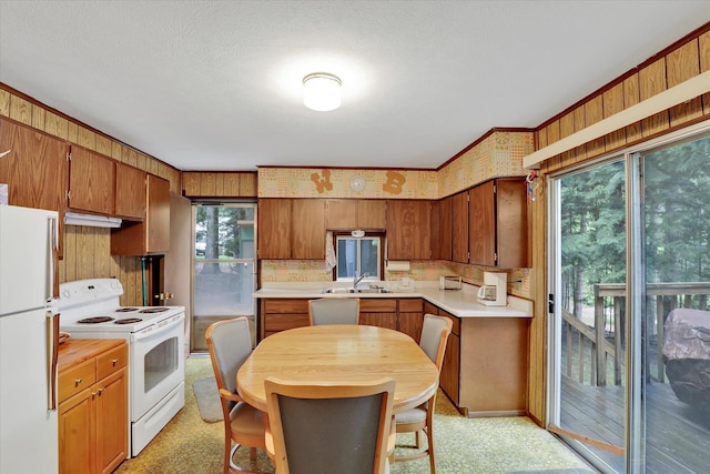 3970 Cedar Bay Rd, Loon Lake, WA 99148 - kitchen with white appliances, a sink, brown cabinets, light countertops, and under cabinet range hood