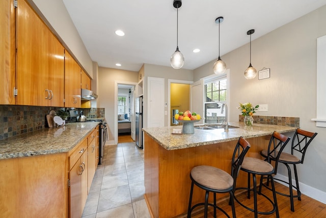 918 W 18th Ave, Spokane, WA 99203 - kitchen featuring appliances with stainless steel finishes, a sink, under cabinet range hood, backsplash, and a peninsula