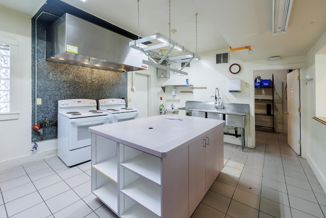 317 College Ave, Cheney, WA 99004 - kitchen with open shelves, light tile patterned flooring, white range with electric stovetop, and wall chimney range hood