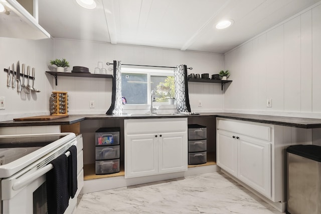 2108 E Pacific Avenue 2110E Pacific Ave Spokane, Wa 99202, Spokane, WA 99202 - kitchen with open shelves, a sink, light marble finish floors, dark countertops, and white cabinets