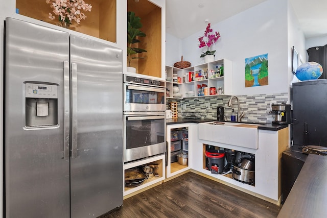 2108 E Pacific Avenue 2110E Pacific Ave Spokane, Wa 99202, Spokane, WA 99202 - kitchen featuring appliances with stainless steel finishes, a sink, dark countertops, dark wood-style floors, and open shelves