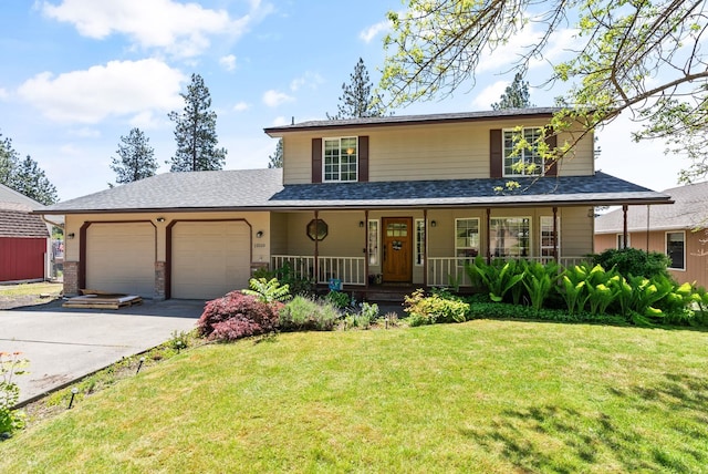 11510 E 20th Ave, Spokane Valley, WA 99206 - view of front of house with a garage, a porch, driveway, a front lawn, and a shingled roof