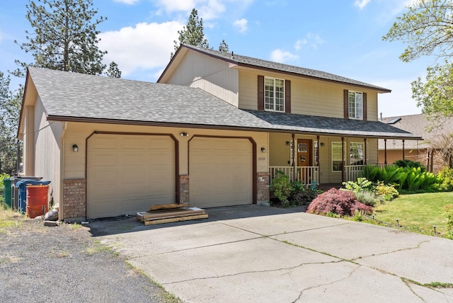 11510 E 20th Ave, Spokane Valley, WA 99206 - view of front of property featuring a porch, an attached garage, driveway, a shingled roof, and brick siding