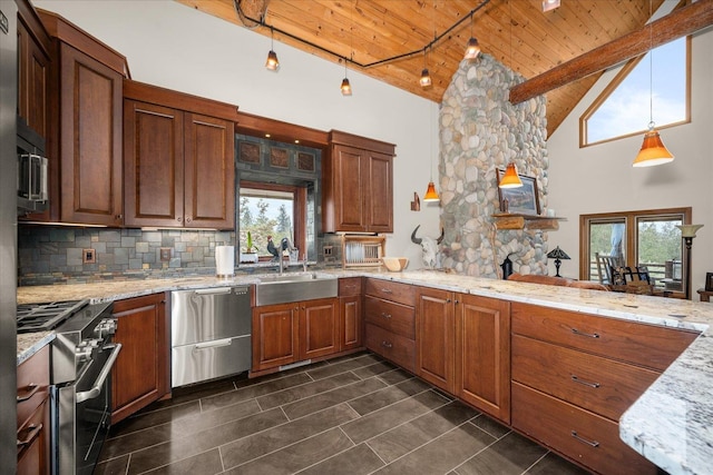 16010 W Jade Ln, Medical Lake, WA 99022 - kitchen with stainless steel appliances, a sink, wooden ceiling with exposed beams, decorative backsplash, and light stone countertops