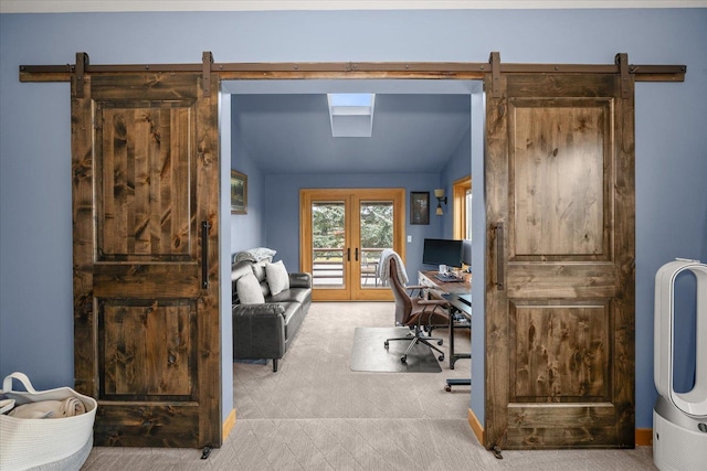 16010 W Jade Ln, Medical Lake, WA 99022 - office area with carpet floors, a barn door, french doors, and lofted ceiling