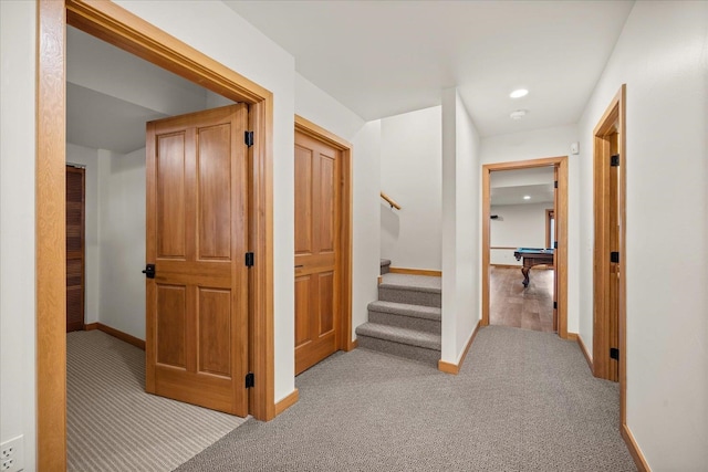 16010 W Jade Ln, Medical Lake, WA 99022 - hall with carpet, baseboards, stairway, and recessed lighting