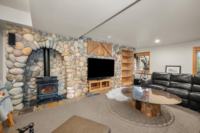 16010 W Jade Ln, Medical Lake, WA 99022 - carpeted living room with a wood stove and recessed lighting
