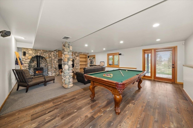 16010 W Jade Ln, Medical Lake, WA 99022 - rec room featuring a wood stove, wood finished floors, baseboards, billiards table, and recessed lighting
