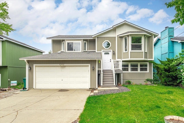 3815 E 19th Ave, Spokane, WA 99223 - view of front facade with driveway, a front yard, a shingled roof, and a garage