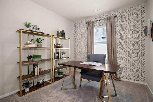 3719 S Keller Ln, Spokane Valley, WA 99206 - home office with wallpapered walls, an accent wall, carpet floors, and baseboards