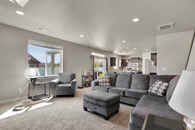 1105 S Oswald St, Spokane, WA 99224 - living room with light colored carpet, recessed lighting, plenty of natural light, a textured ceiling, and baseboards