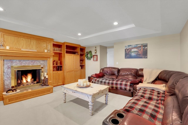 2205 S Conklin Rd, Spokane Valley, WA 99037 - living room with recessed lighting, a high end fireplace, light colored carpet, and a tray ceiling