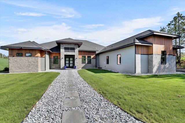 5110 W Hayden Ln, Spokane, WA 99208 - modern home with stone siding, board and batten siding, and a front yard