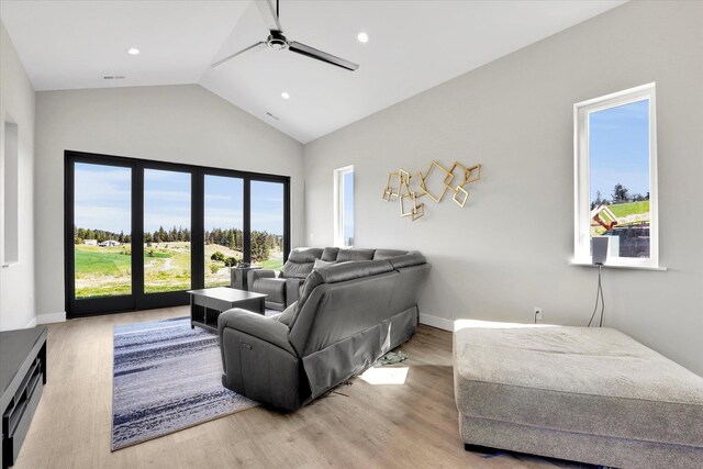 5110 W Hayden Ln, Spokane, WA 99208 - living room featuring ceiling fan, light wood-type flooring, high vaulted ceiling, baseboards, and recessed lighting