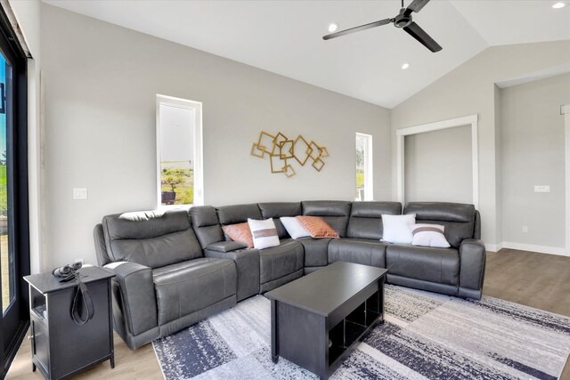 5110 W Hayden Ln, Spokane, WA 99208 - living room with light wood-type flooring, lofted ceiling, ceiling fan, and recessed lighting