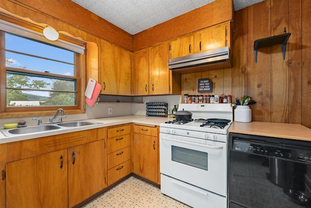 705 Old Kettle Rd, Kettle Falls, WA 99114 - kitchen featuring white gas stove, extractor fan, a sink, dishwasher, and light countertops