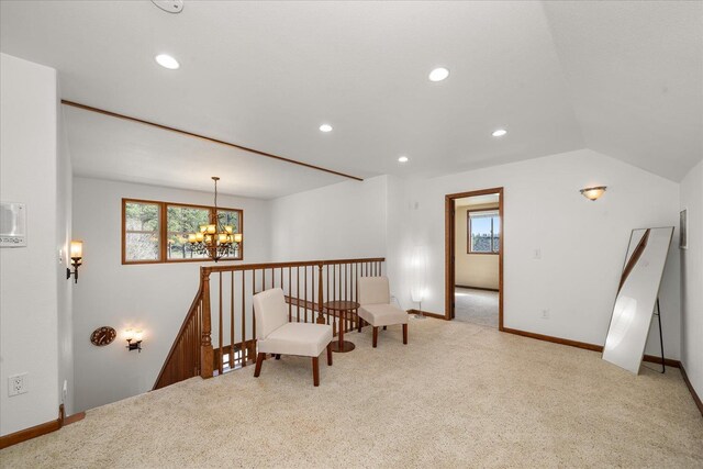 16503 W Bluebird Ln, Spokane, WA 99224 - living area featuring a chandelier, carpet floors, an upstairs landing, recessed lighting, and baseboards