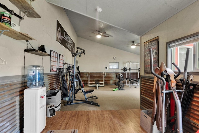436 N Washington St, Tekoa, WA 99033 - workout area featuring vaulted ceiling, a ceiling fan, and wood finished floors