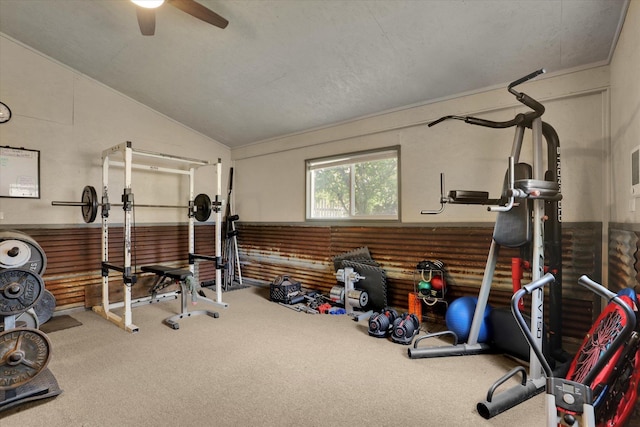 436 N Washington St, Tekoa, WA 99033 - exercise area featuring carpet flooring, a ceiling fan, and vaulted ceiling