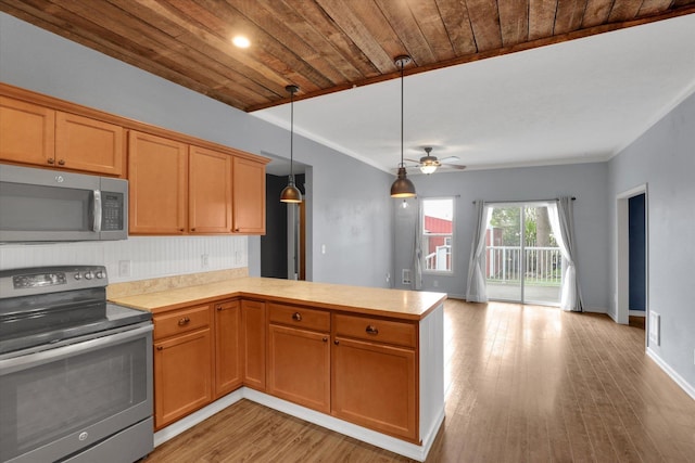 436 N Washington St, Tekoa, WA 99033 - kitchen featuring stainless steel appliances, light countertops, a peninsula, light wood finished floors, and ceiling fan