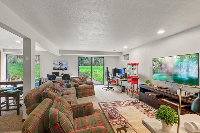 5999 E Roger Dr, Post Falls, ID 83854 - carpeted living room with a textured ceiling, healthy amount of natural light, and recessed lighting