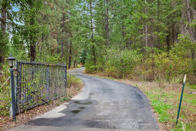 5999 E Roger Dr, Post Falls, ID 83854 - view of asphalt road featuring a view of trees and a gated entry