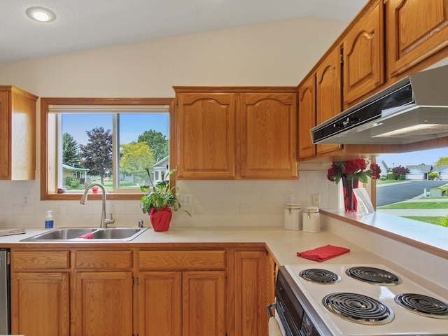 1946 S Century Ln, Spokane Valley, WA 99037 - kitchen featuring electric range, light countertops, tasteful backsplash, and lofted ceiling