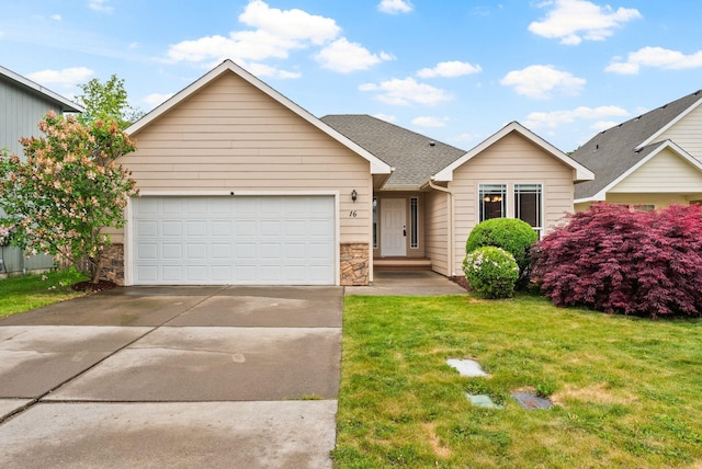 16 S Arties Ln, Spokane Valley, WA 99016 - single story home with stone siding, a front yard, driveway, and an attached garage