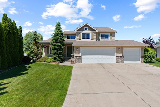 13013 E 37th Ct, Spokane Valley, WA 99206 - craftsman inspired home with concrete driveway, a front lawn, stone siding, and an attached garage