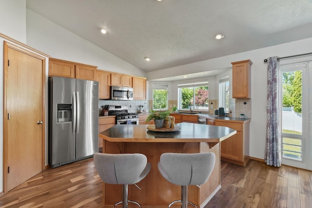 13013 E 37th Ct, Spokane Valley, WA 99206 - kitchen featuring stainless steel appliances, lofted ceiling, tasteful backsplash, wood finished floors, and a breakfast bar area