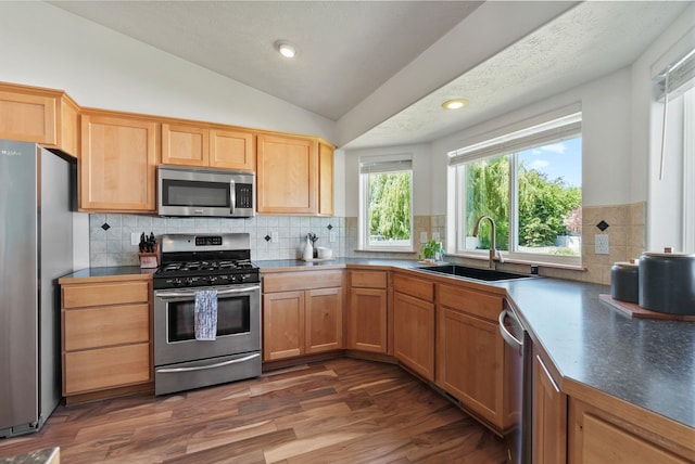13013 E 37th Ct, Spokane Valley, WA 99206 - kitchen featuring appliances with stainless steel finishes, a sink, lofted ceiling, decorative backsplash, and dark wood-type flooring