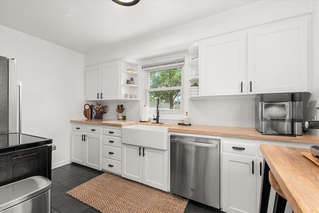 524 E Garland Ave, Spokane, WA 99207 - kitchen with stainless steel appliances, wood counters, a sink, and open shelves
