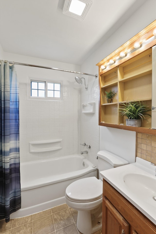 5824 N Washington St, Spokane, WA 99205 - bathroom featuring shower / bath combination with curtain, vanity, toilet, and tile patterned floors