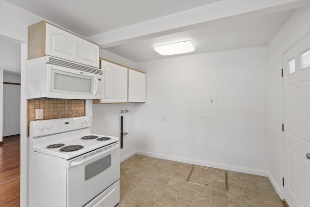 5824 N Washington St, Spokane, WA 99205 - kitchen featuring white appliances, electric panel, white cabinetry, tasteful backsplash, and baseboards