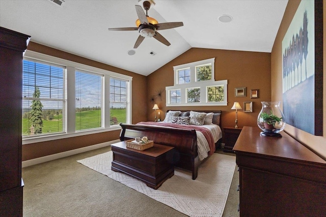 3311 E Chisholm Ln, Spokane, WA 99223 - bedroom featuring light carpet, baseboards, ceiling fan, and high vaulted ceiling