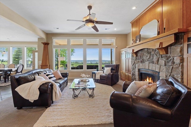 3311 E Chisholm Ln, Spokane, WA 99223 - living area featuring a fireplace, a ceiling fan, and recessed lighting