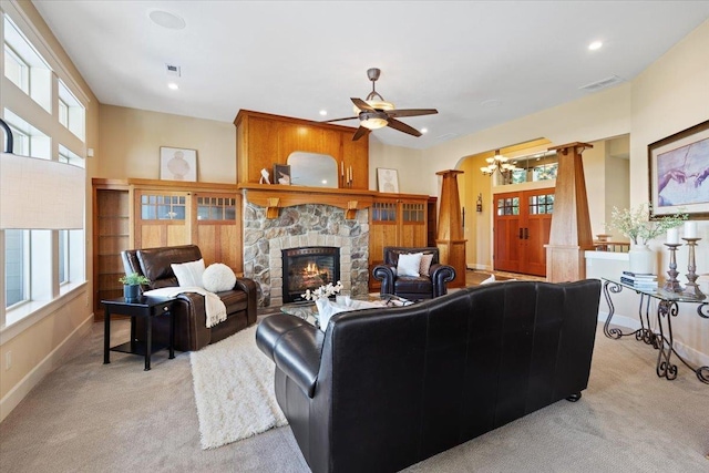 3311 E Chisholm Ln, Spokane, WA 99223 - living room featuring ceiling fan, light carpet, a fireplace, baseboards, and recessed lighting