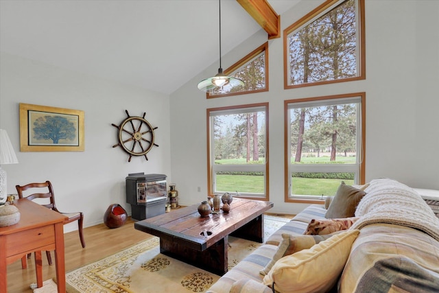 252 N Eagle Dr, Chewelah, WA 99109 - living room with a wood stove, wood finished floors, high vaulted ceiling, baseboards, and beam ceiling