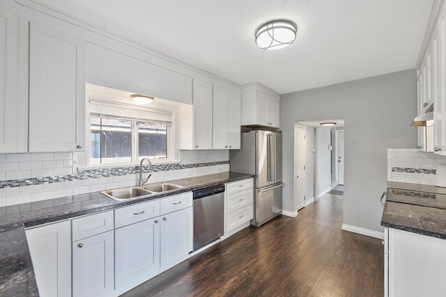 2512 E Rowan Ave, Spokane, WA 99217 - kitchen with stainless steel appliances, a sink, backsplash, dark wood finished floors, and white cabinetry